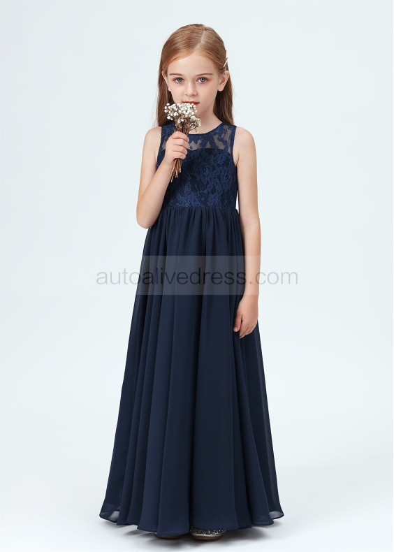 Navy Blue Lace Chiffon Simple Junior Bridesmaid Dress